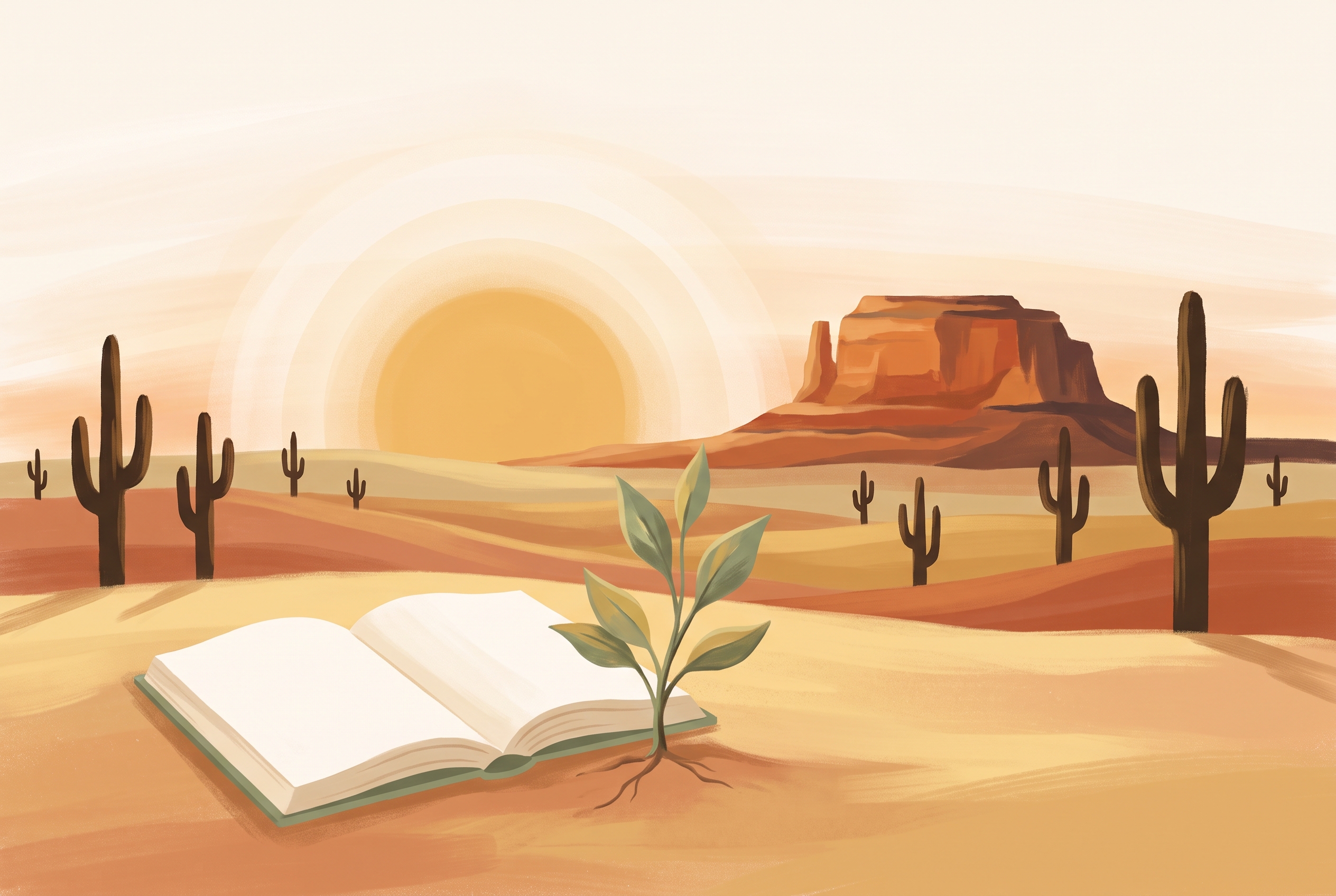 A golden-hour Arizona desert with a mesa and saguaros, an open book and young sprout in the foreground.