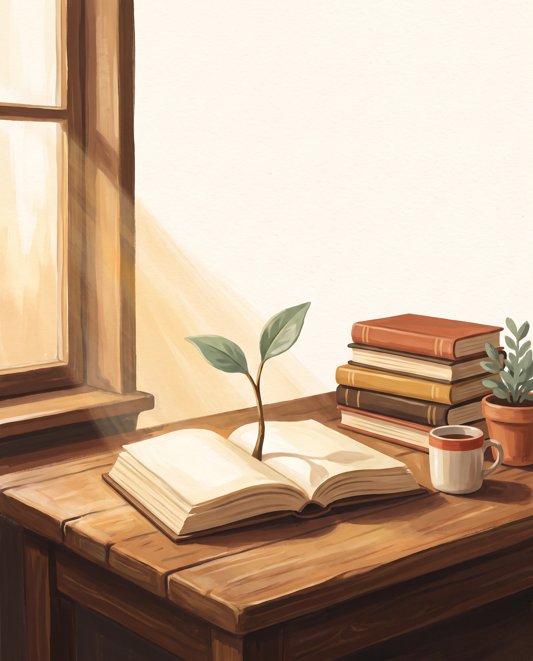 A sunlit desk with an open book and a young seedling growing from its pages, symbolizing growth and learning.