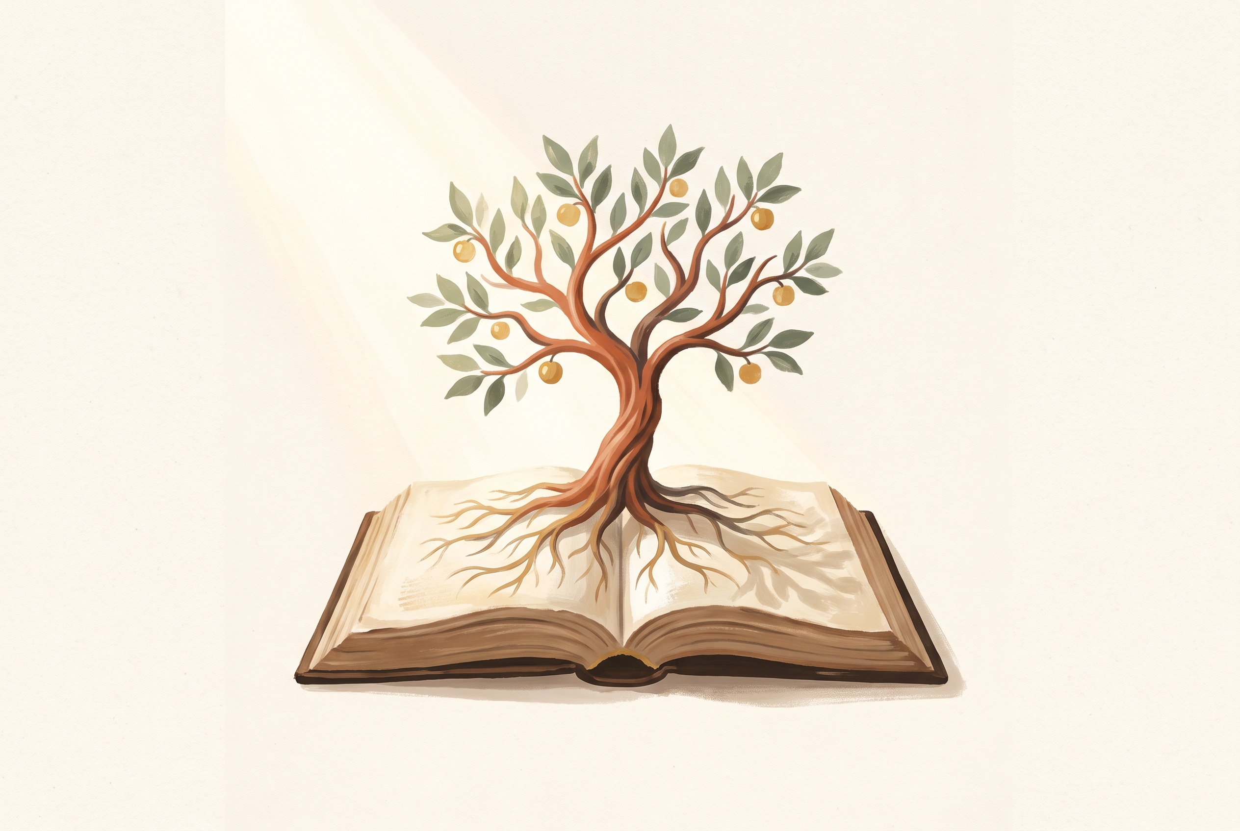 An open book with a flourishing tree growing from its pages, roots reaching into the paper — a symbol of lasting growth.