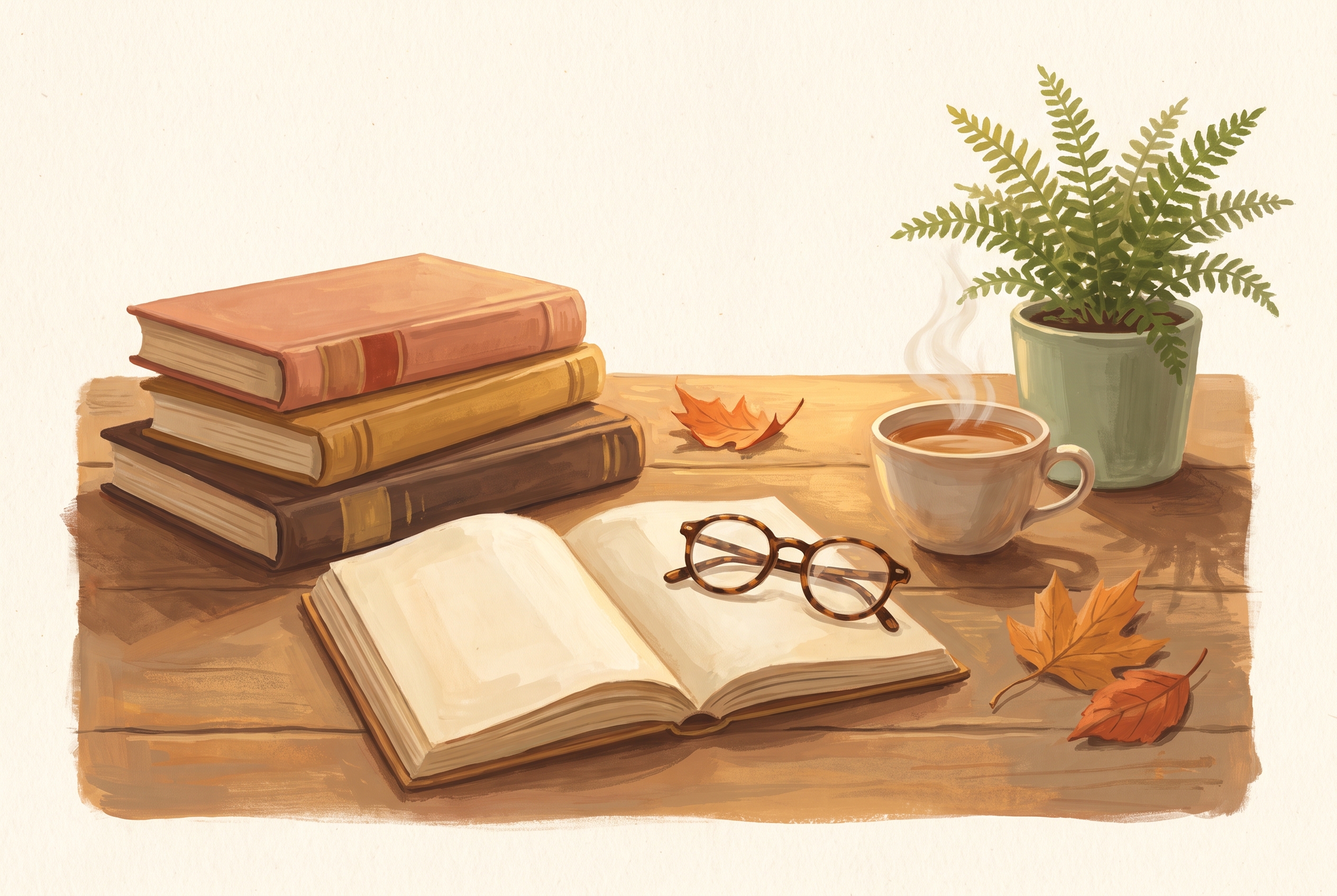 A cozy desk with books, a notebook, reading glasses, tea, and a small plant in warm afternoon light.